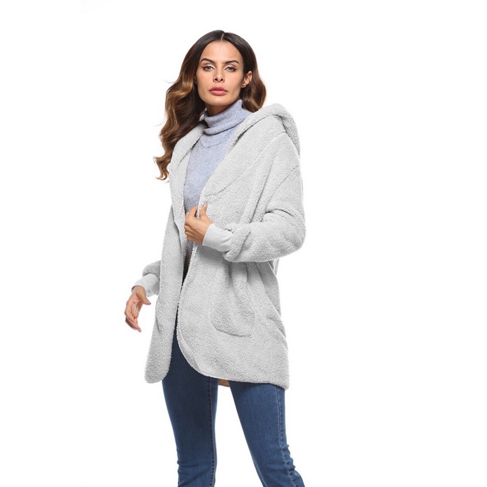 Plush Gray Fleece Hooded Cardigan with Pockets - Picture 2 of 11